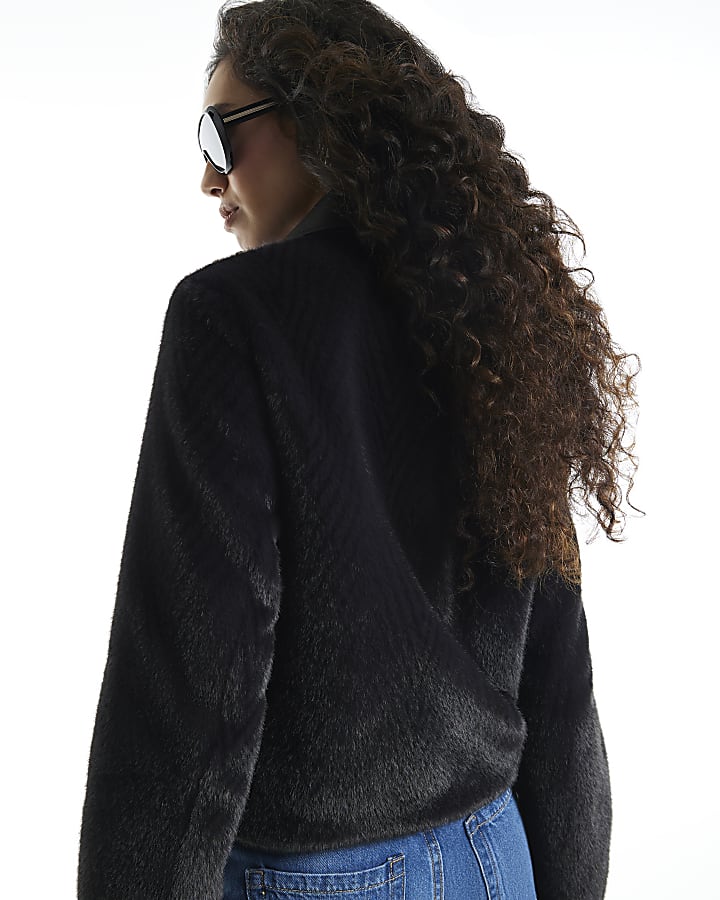 Black Faux Leather Collar Faux Fur Jacket