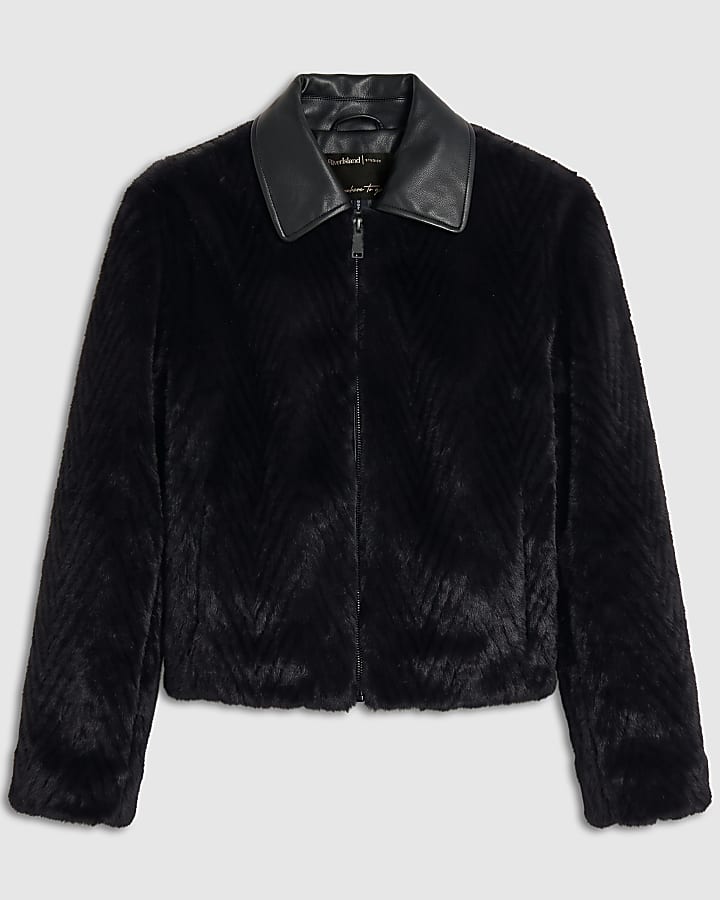 Black Faux Leather Collar Faux Fur Jacket