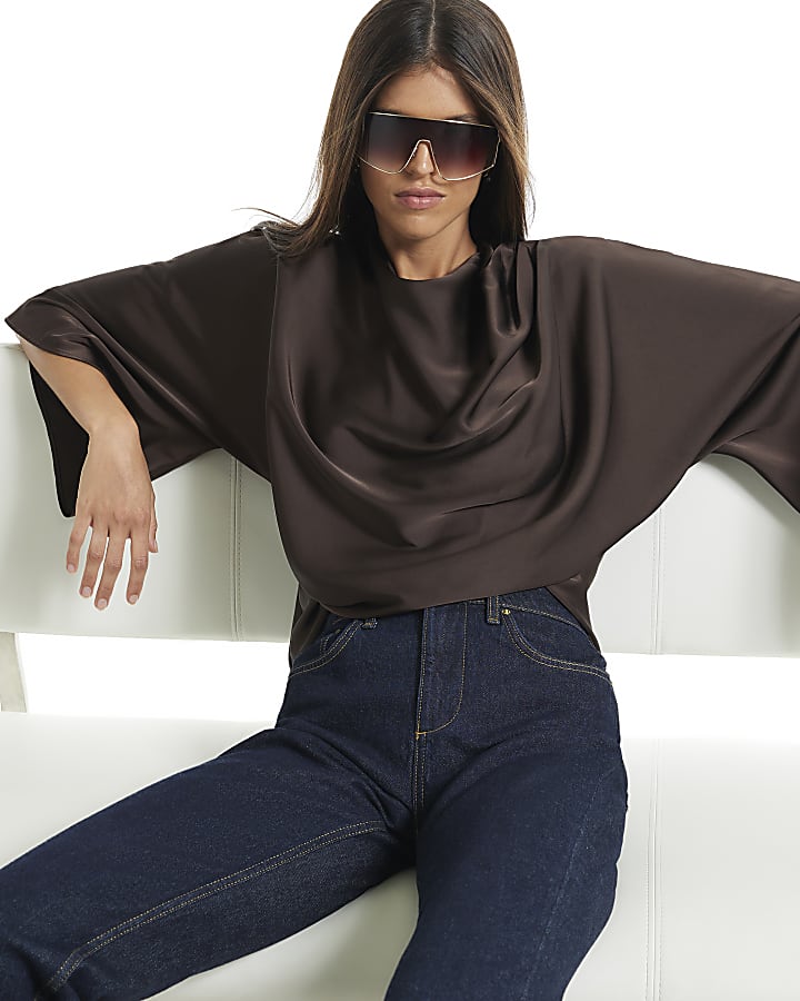 Brown Asymmetric Draped Top