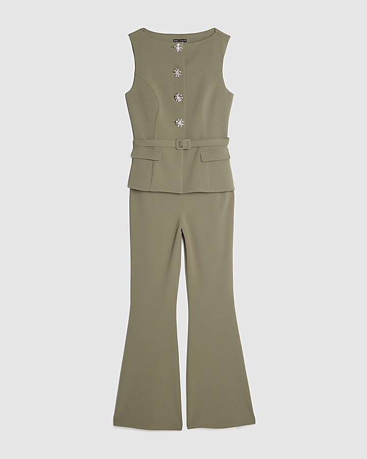 Green Sleeveless Diamante Button Jumpsuit