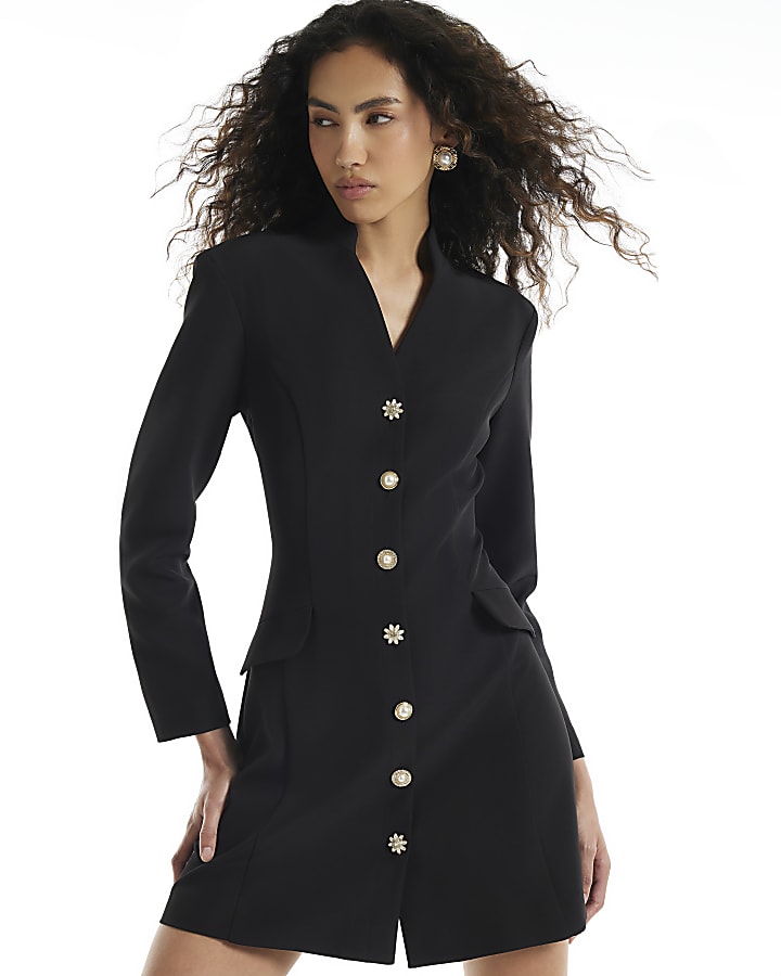 Black Diamante Button Mini Dress