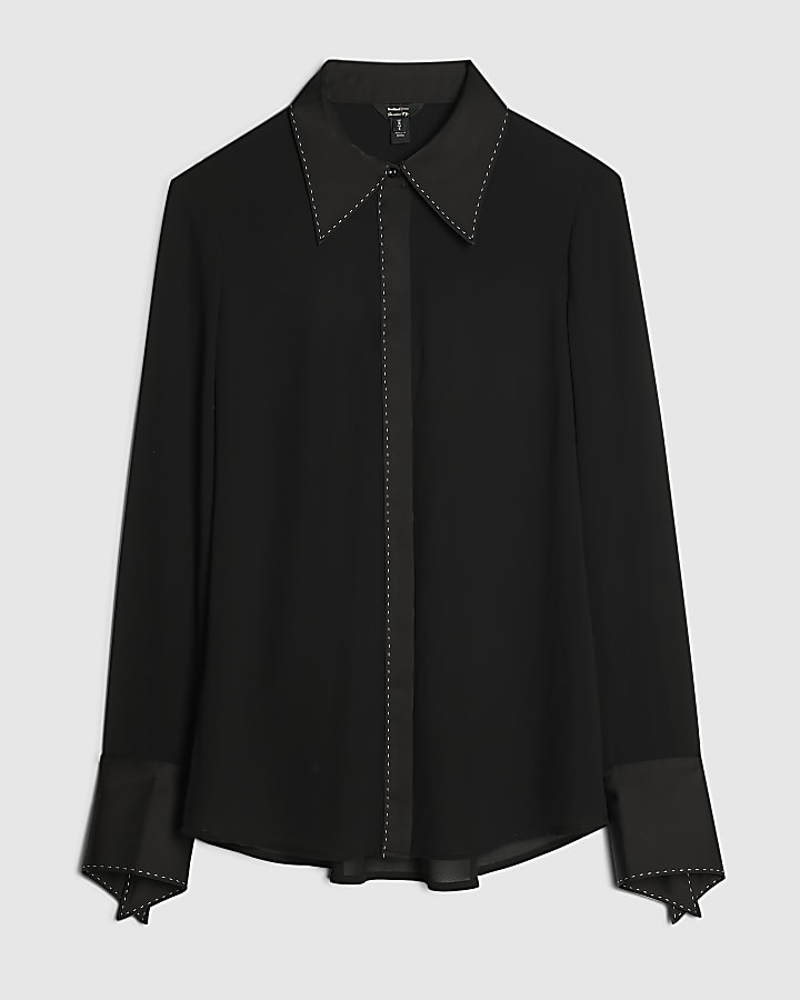 Black Sheer Contrast Stitch Shirt