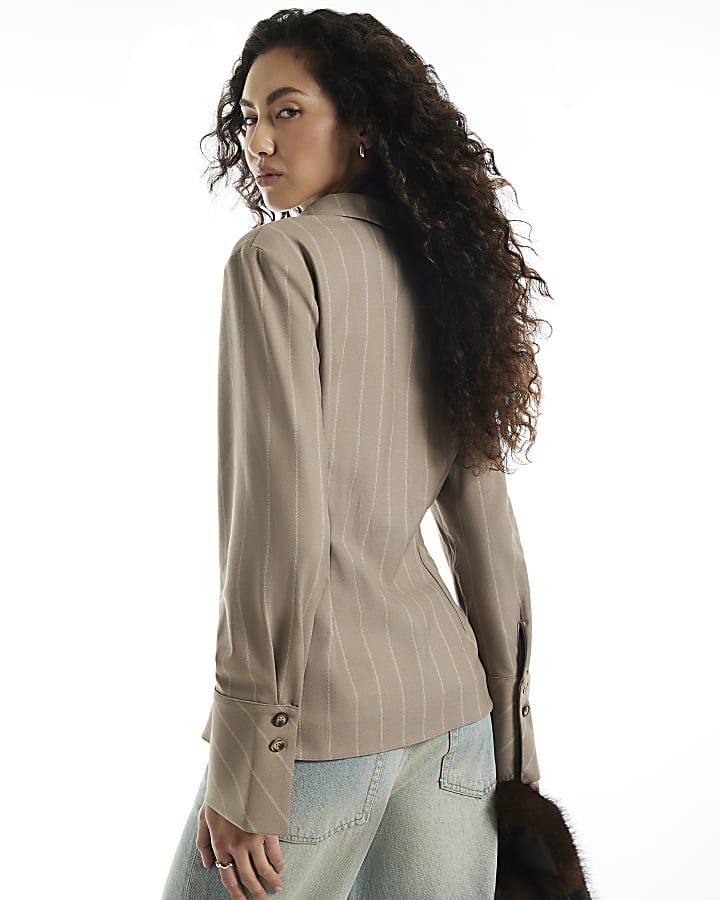 Beige Stripe Fitted Tailored Shirt