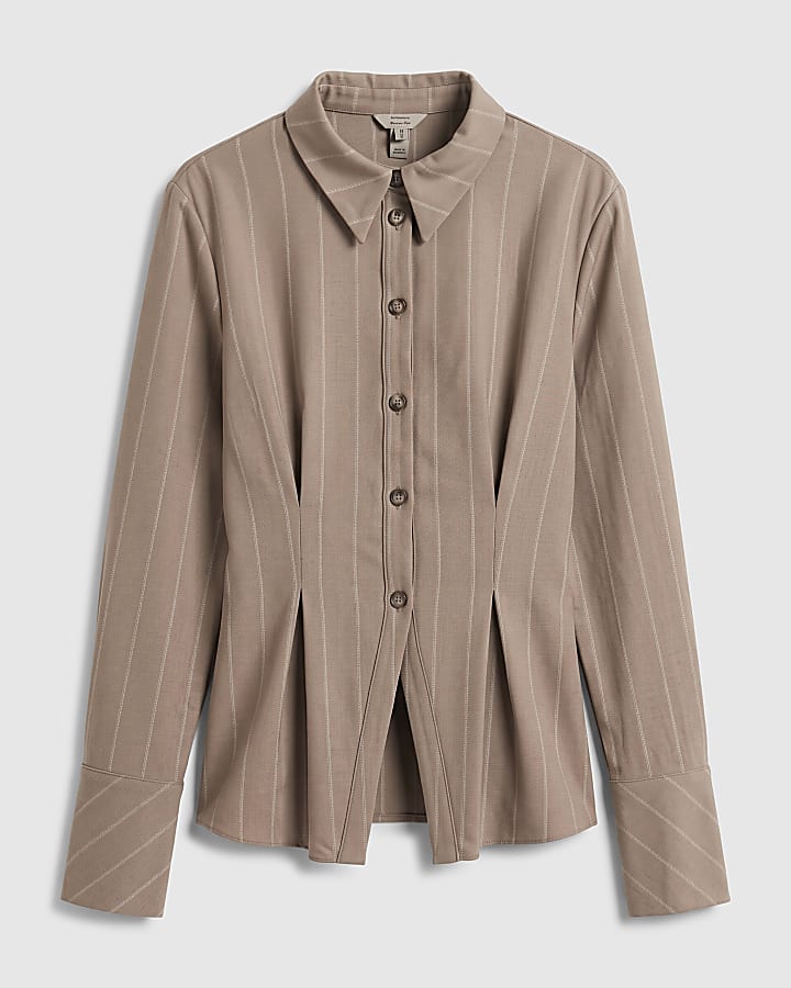 Beige Stripe Fitted Tailored Shirt