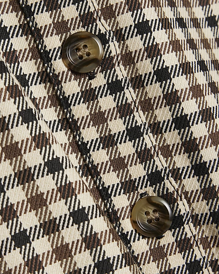 Brown Funnel Neck Check Belted Shirt