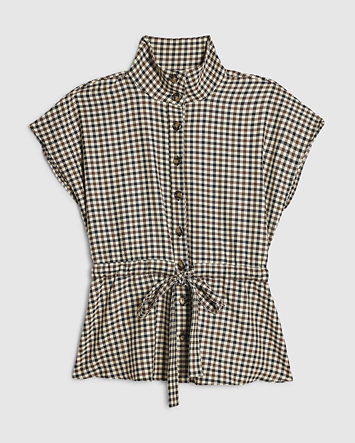 Brown Funnel Neck Check Belted Shirt