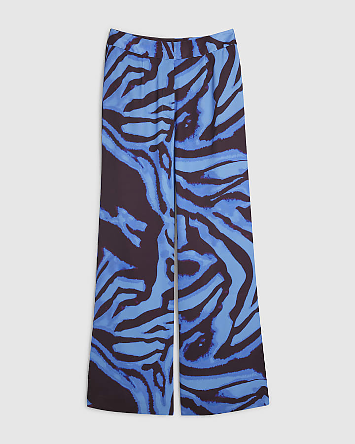 Blue Zebra Print Flared Trousers
