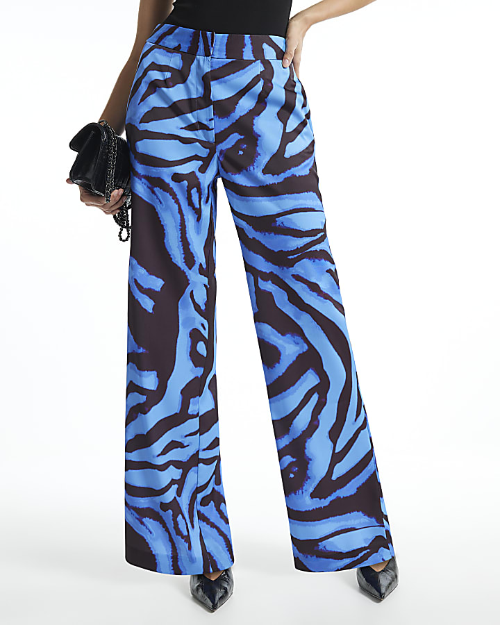 Blue Zebra Print Flared Trousers