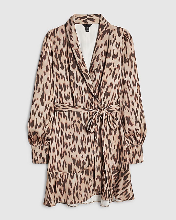 Beige Leopard Print Wrap Front Mini Dress