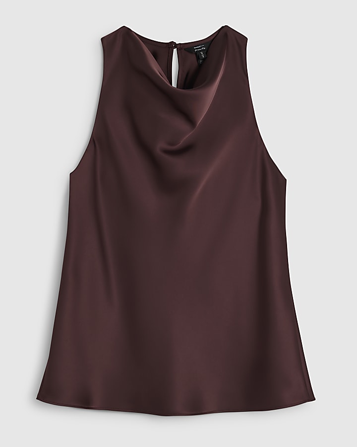 Petite Red Satin Halter Neck Top