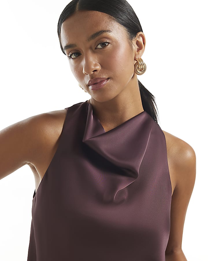 Petite Red Satin Halter Neck Top