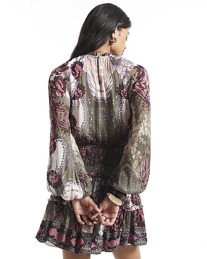 Khaki Floral Tie Belt Dress