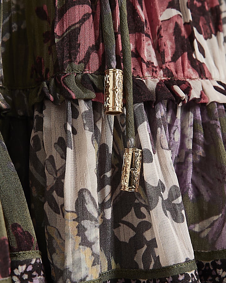 Khaki Floral Tie Belt Dress