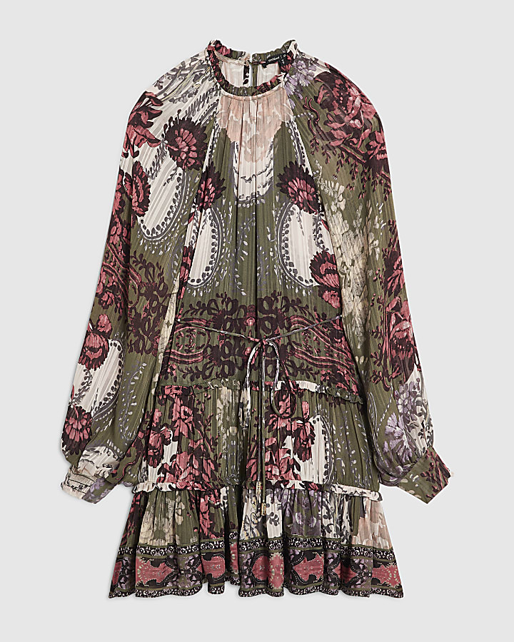 Khaki Floral Tie Belt Dress