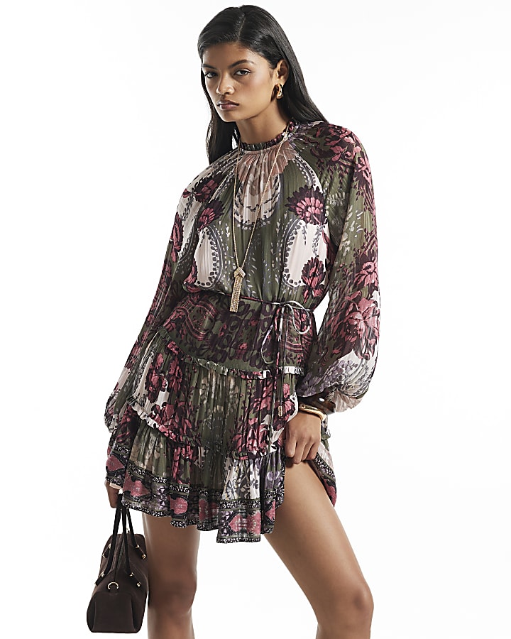 Khaki Floral Tie Belt Dress