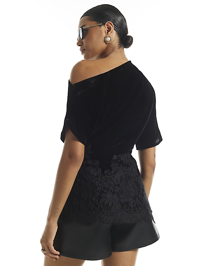 Black Velvet Lace Trim Asymmetric Top