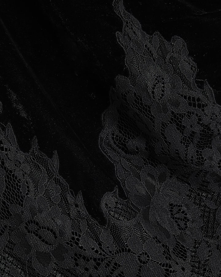 Black Velvet Lace Trim Asymmetric Top