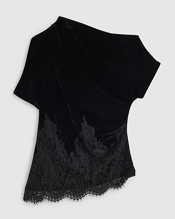 Black Velvet Lace Trim Asymmetric Top