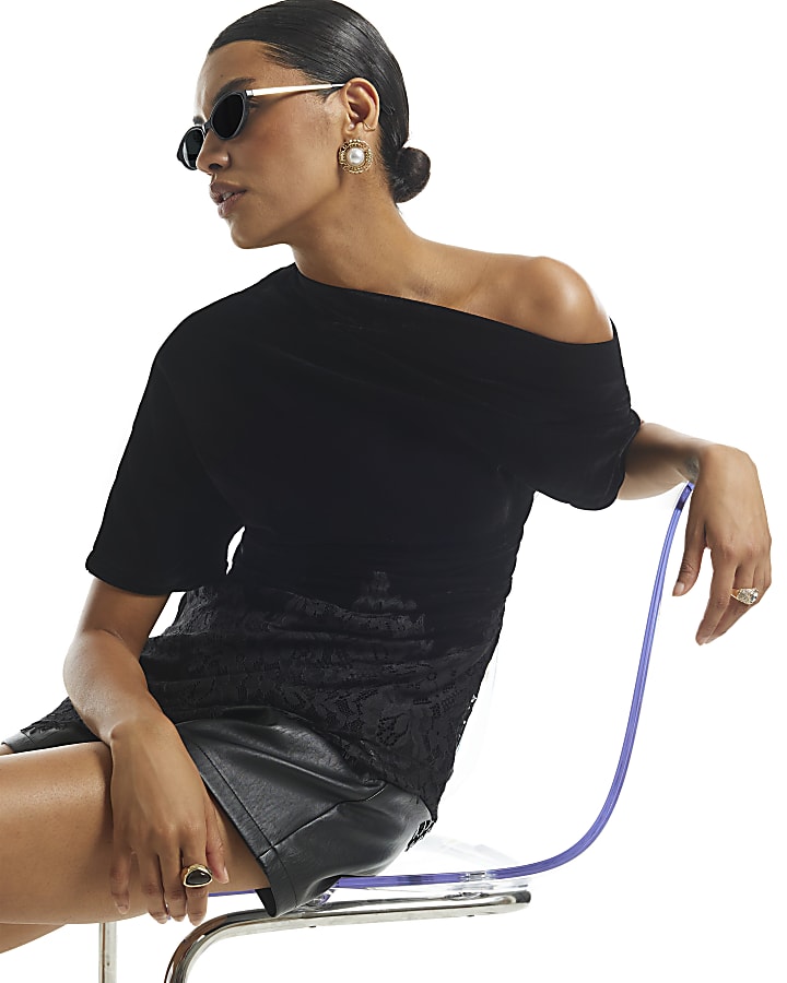 Black Velvet Lace Trim Asymmetric Top
