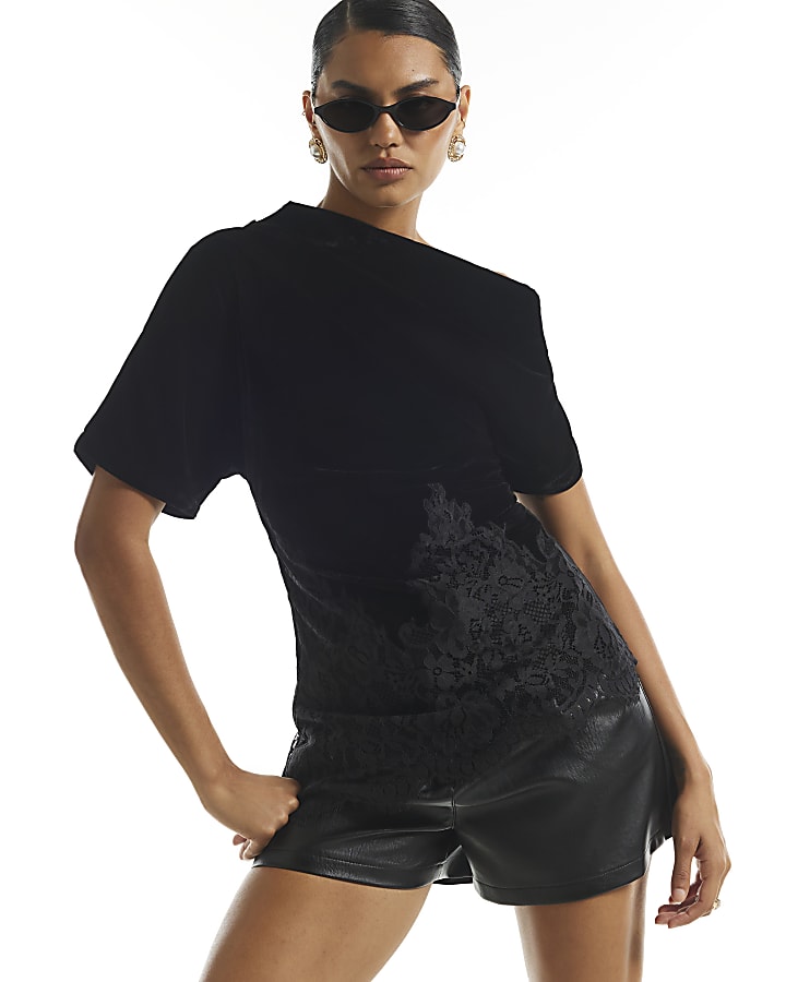 Black Velvet Lace Trim Asymmetric Top