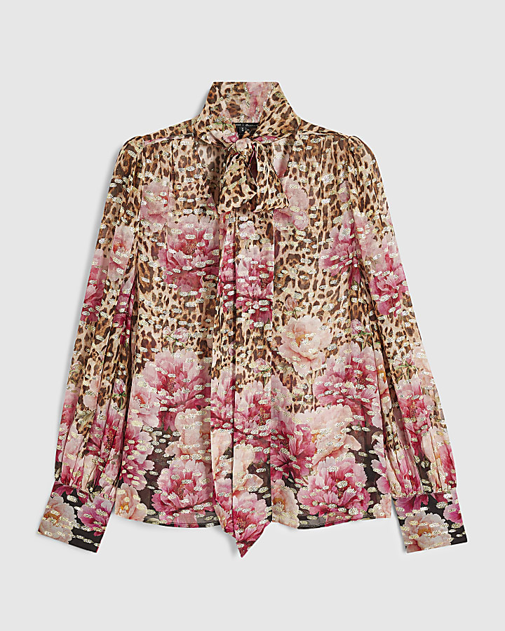 Brown Floral Animal Print Pussybow Blouse