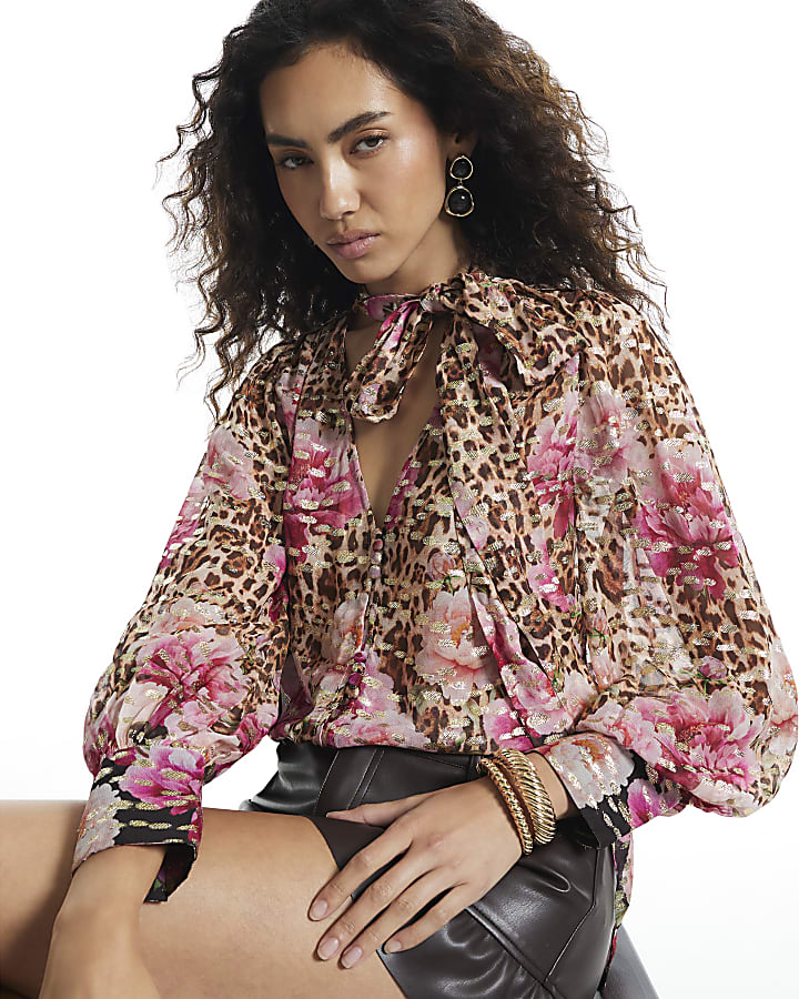 Brown Floral Animal Print Pussybow Blouse