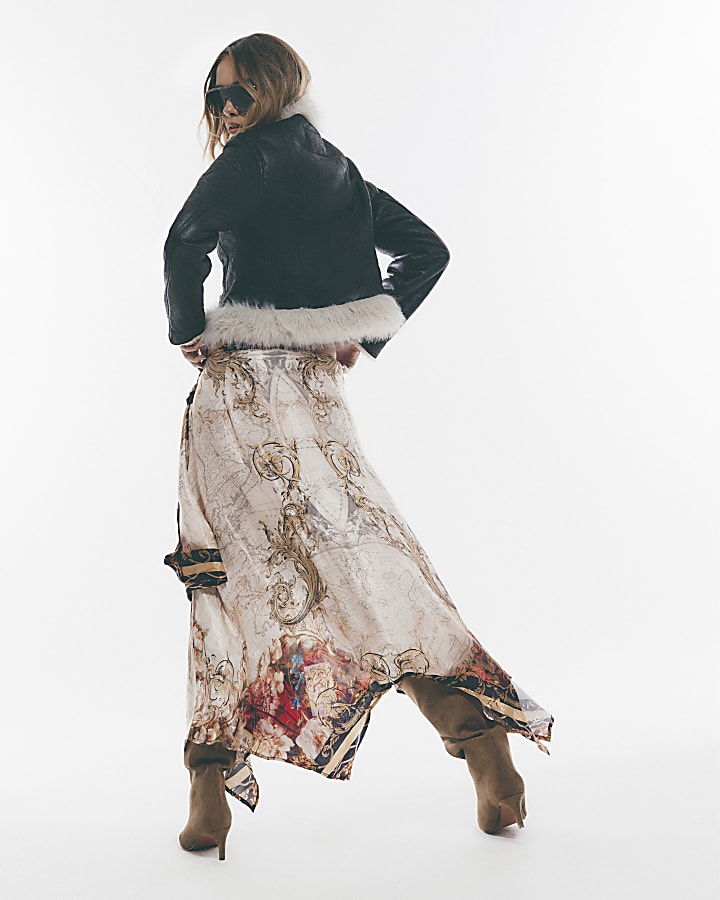 Brown Floral Scarf Asymmetric Midi Skirt