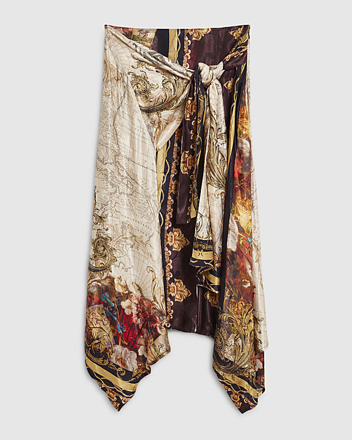 Brown Floral Scarf Asymmetric Midi Skirt