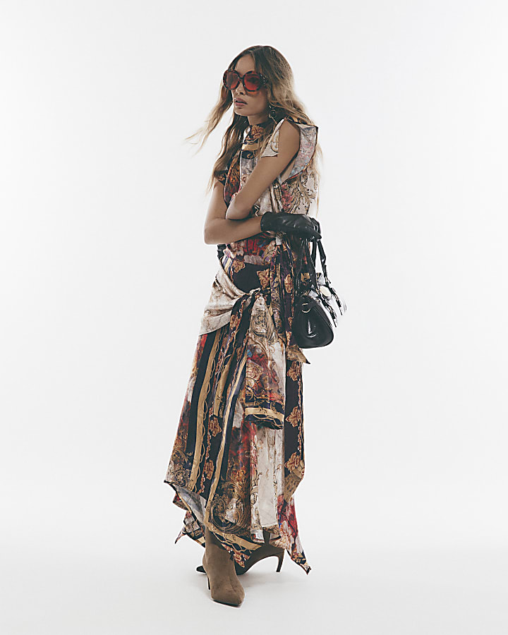 Brown Floral Scarf Asymmetric Midi Skirt