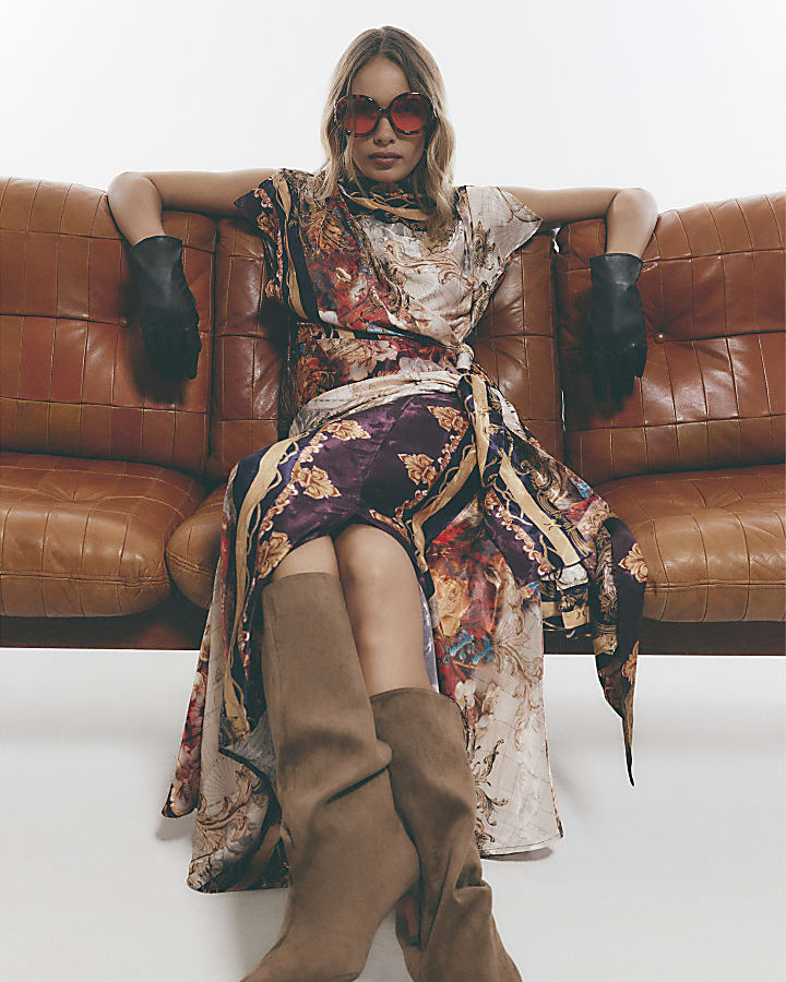 Brown Floral Scarf Asymmetric Midi Skirt