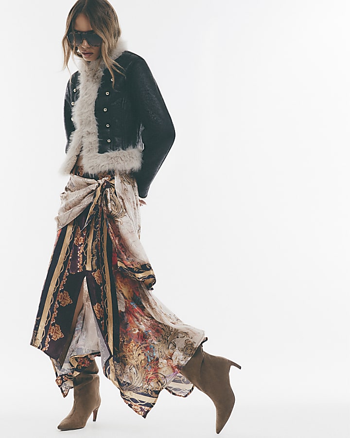 Brown Floral Scarf Asymmetric Midi Skirt
