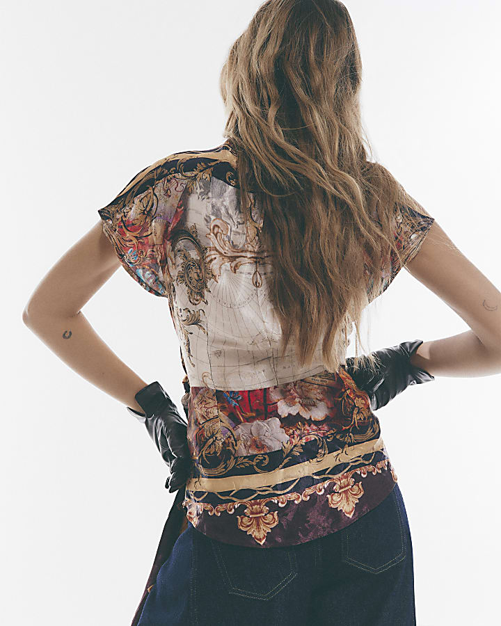 Brown - Dark Atlas Floral Scarf Detail Top
