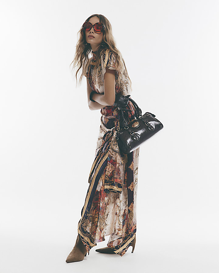 Brown - Dark Atlas Floral Scarf Detail Top