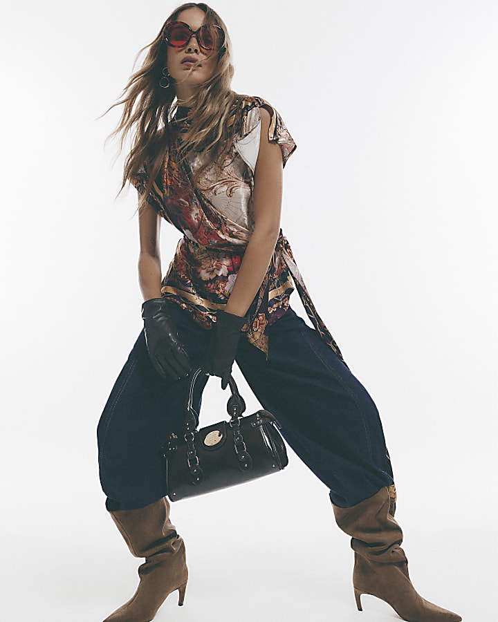 Brown - Dark Atlas Floral Scarf Detail Top