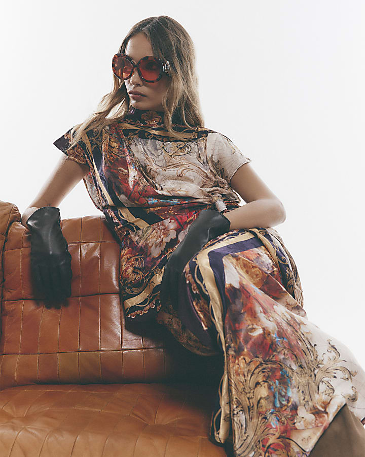 Brown - Dark Atlas Floral Scarf Detail Top
