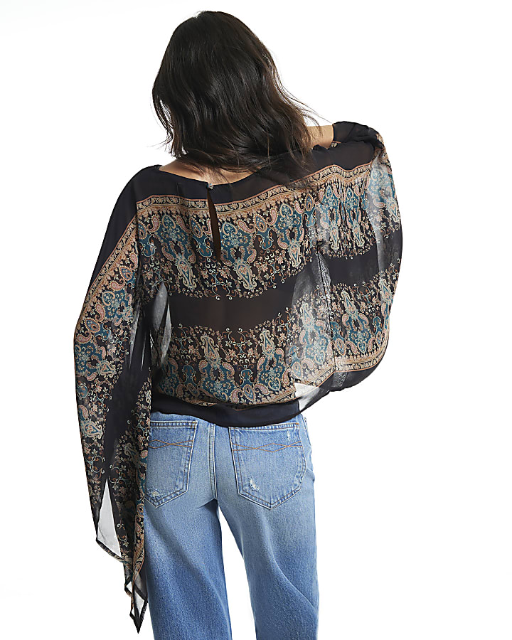 Black Paisley Sheer Batwing Top