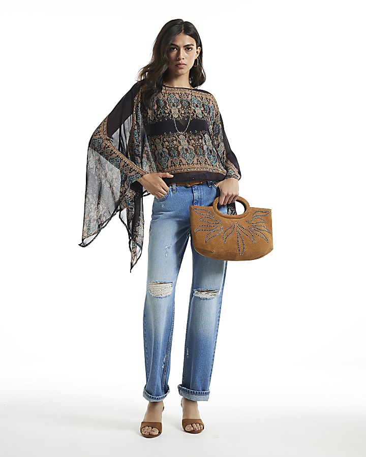 Black Paisley Sheer Batwing Top