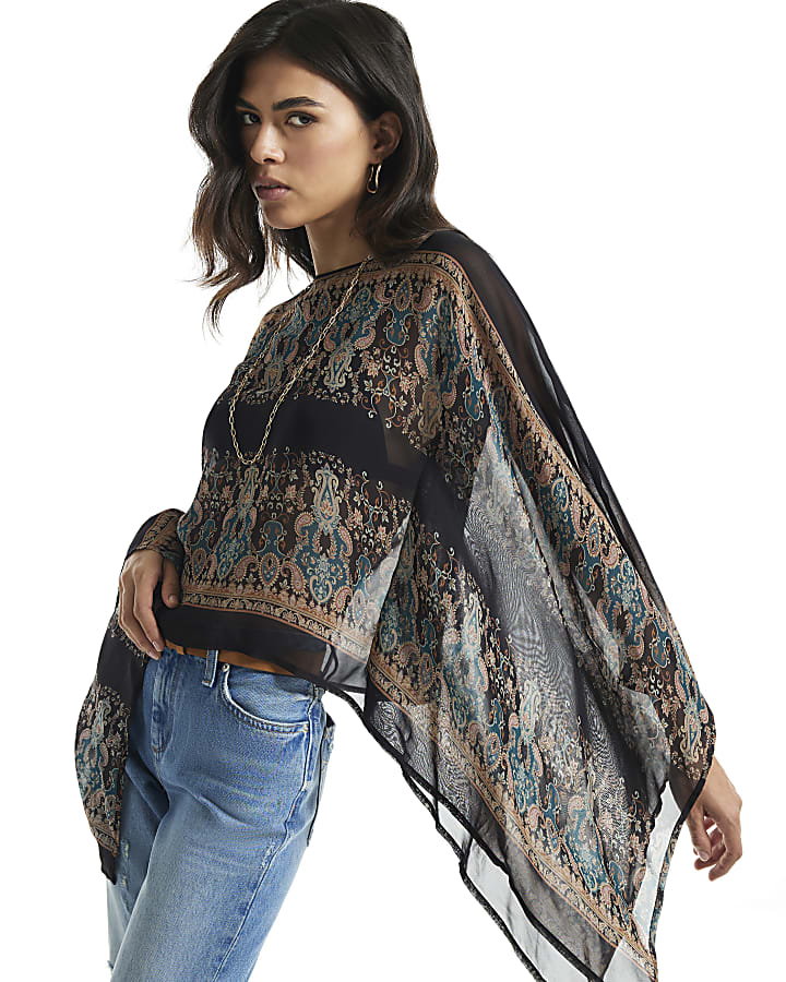 Black Paisley Sheer Batwing Top