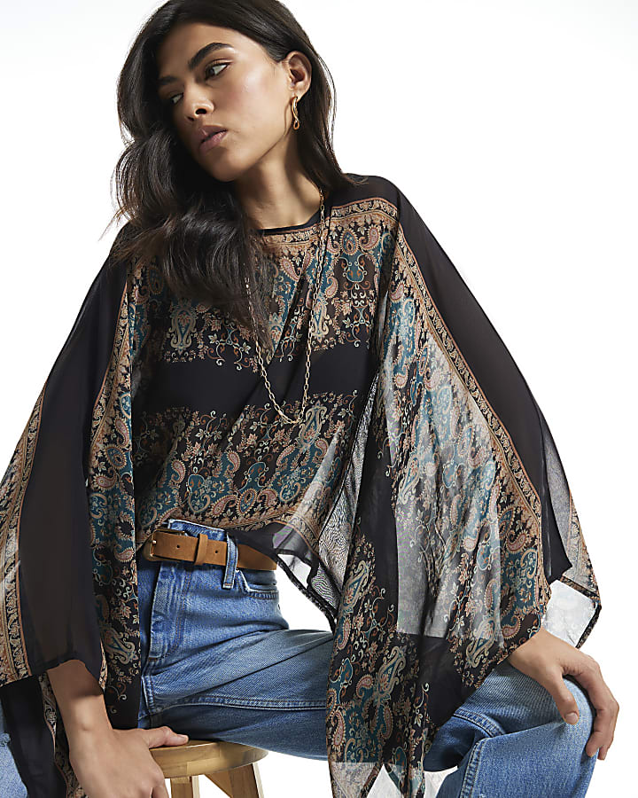Black Paisley Sheer Batwing Top