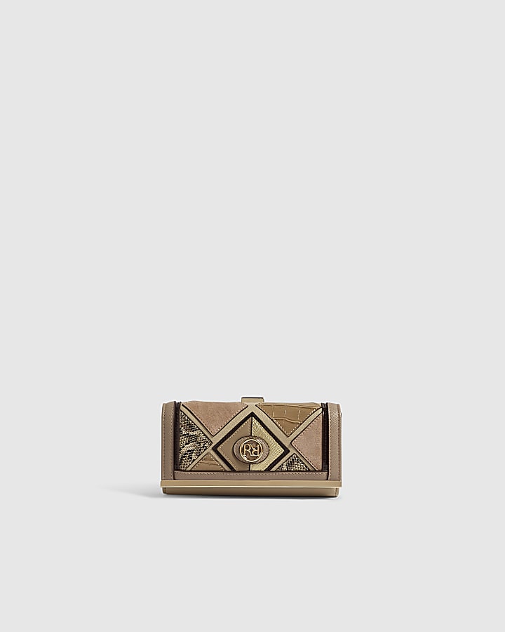 Beige Geometric Panelled Cliptop Purse