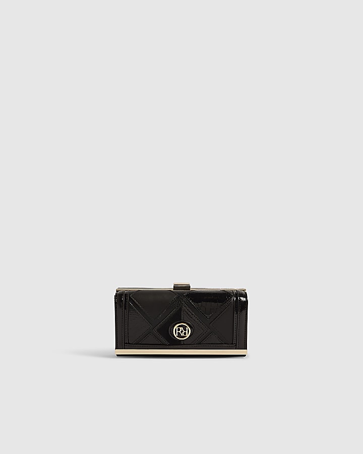 Black Geometric Panelled Clip Top Purse