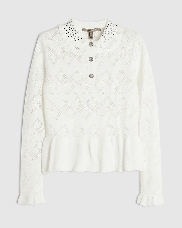 Cream Peplum Stitch Polo Top