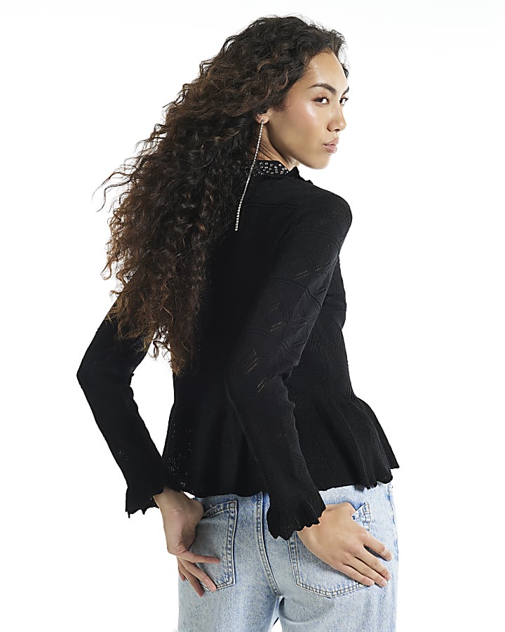 Black Peplum Stitch Polo Top