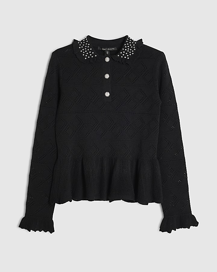Black Peplum Stitch Polo Top