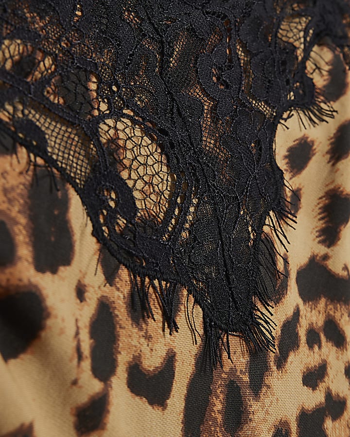 Brown Leopard Print Lace Trim Slip Dress