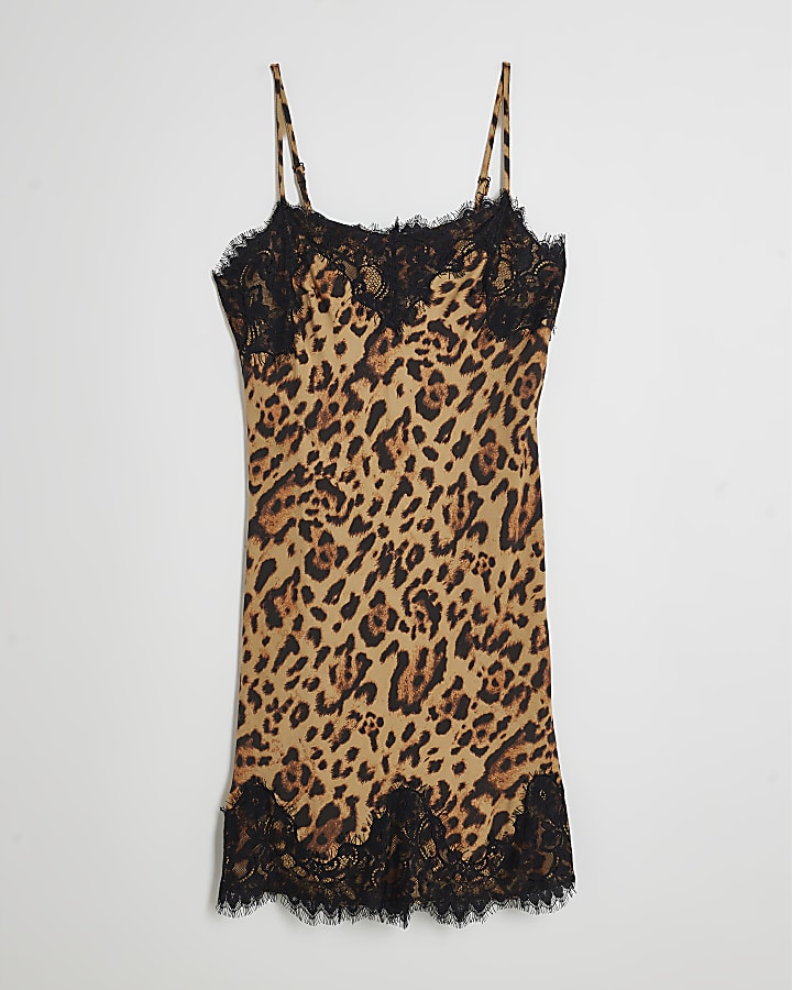 Brown Leopard Print Lace Trim Slip Dress