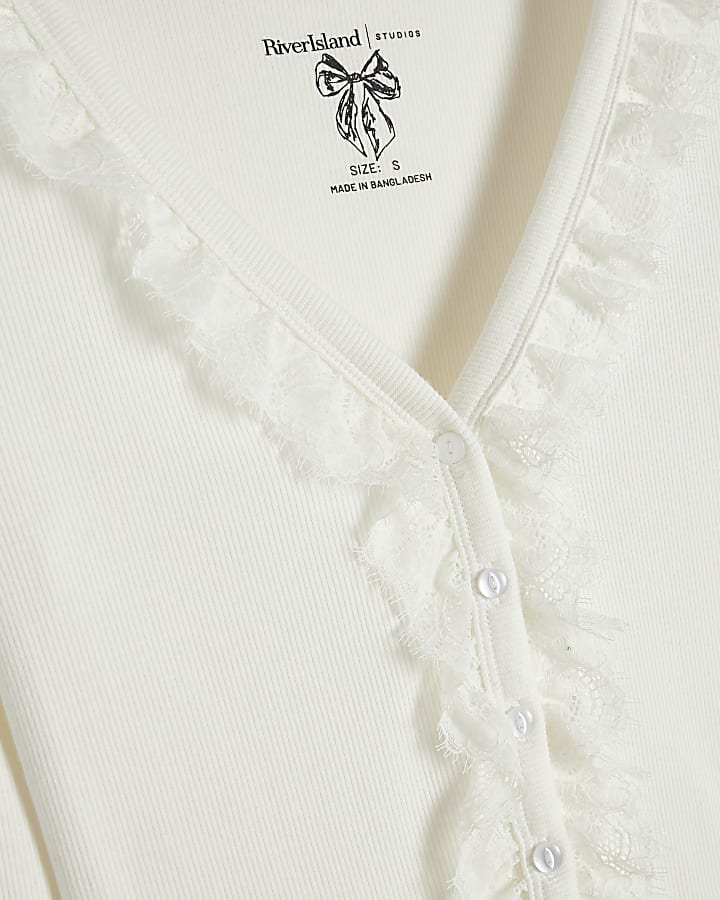 Cream Ribbed Lace Cardigan Top