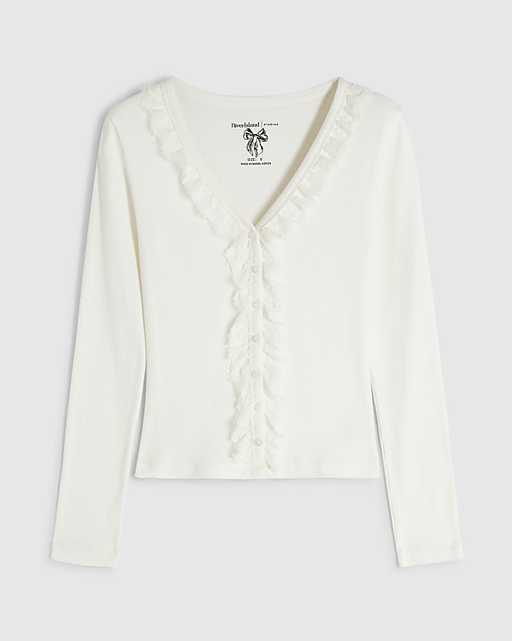 Cream Ribbed Lace Cardigan Top