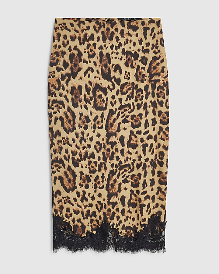 Brown Leopard Print Lace Trim Midi Skirt