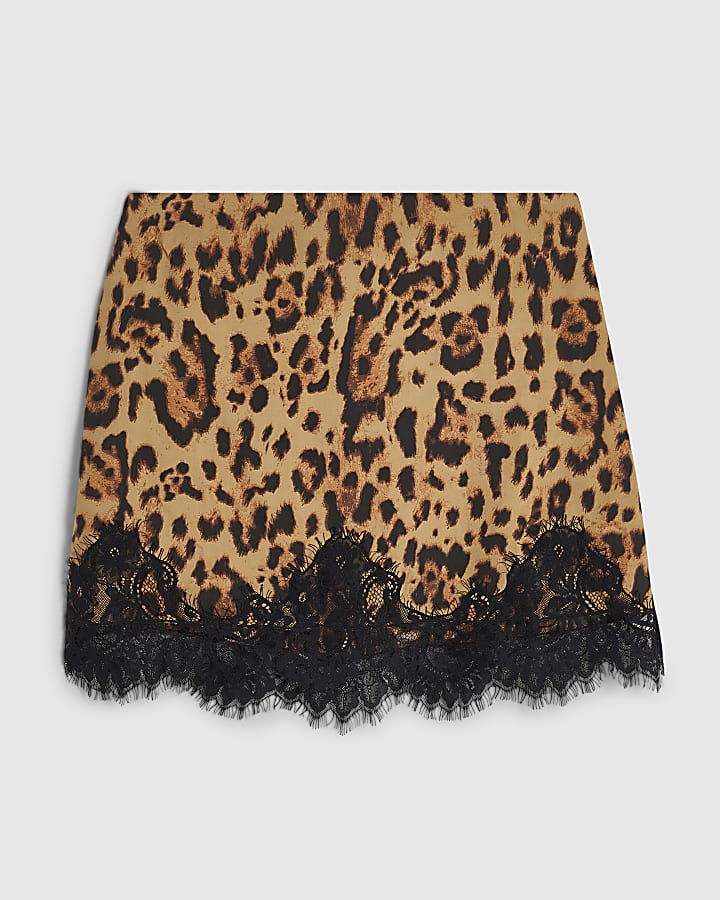 Brown Leopard Print Lace Trim Mini Skirt